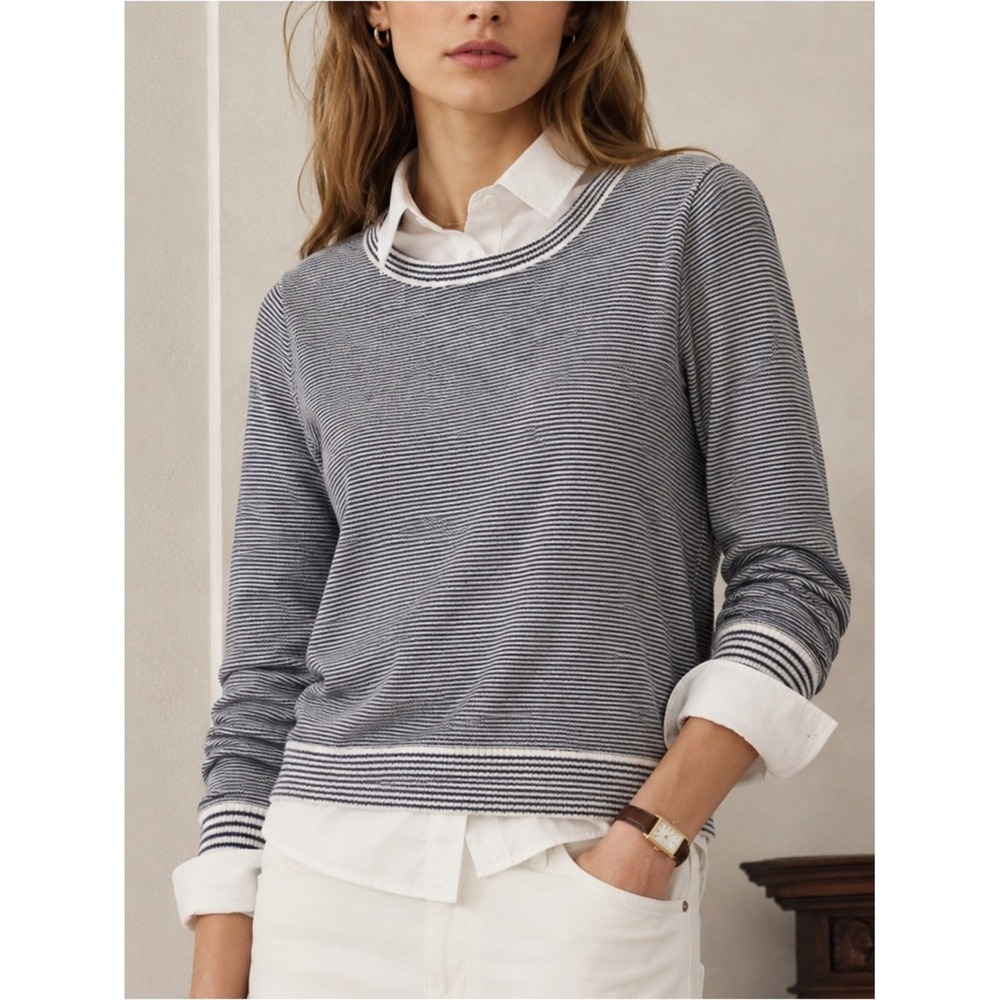 Talbots Women's Sweater Breton Stripe Navy White 1X Coastal Preppy Nautical EUC